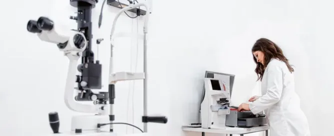 A healthcare worker organizes and sets up various eye examination tools and equipment in preparation for patient assessments in an ophthalmology setting