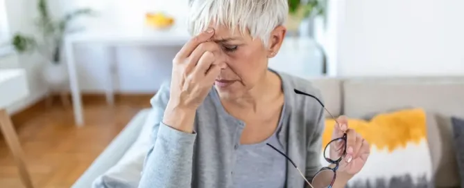 A woman appears irritated as she holds her nose with a frustrated expression, having removed her eyeglasses