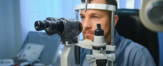 Happy patient at an eye clinic smiling with confidence